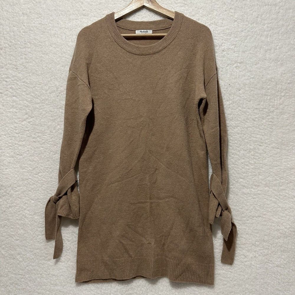 Madewell Merino Wool Camel Brown Tie Cuff Long Sleeve Mini Sweater Dress Sz S‎